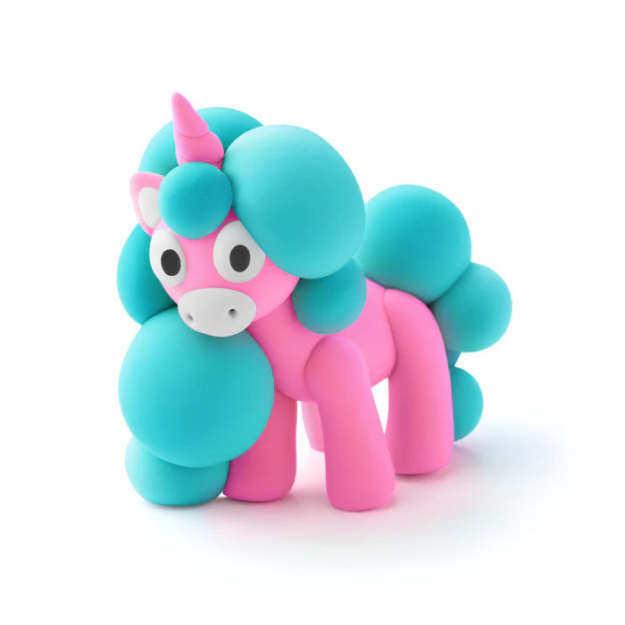 Staande blauw-roze eenhoorn van Hey Clay boetseerklei, leuk unicorn speelgoed en klei-idee om te kleien voor kinderen.