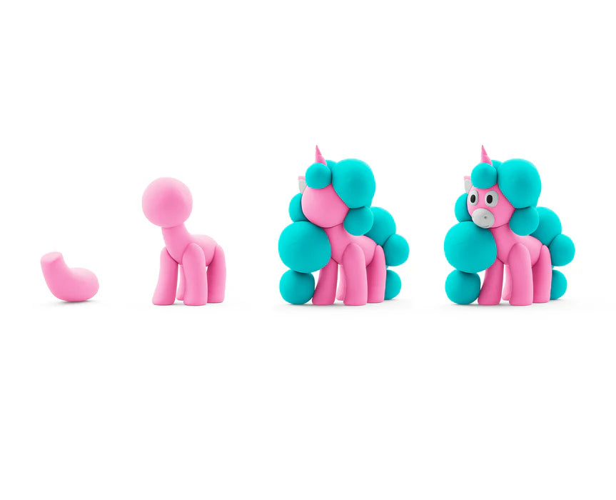 Stap-voor-stap blauw-roze eenhoorn van Hey Clay boetseerklei, leuk unicorn speelgoed en klei-idee om te maken voor kinderen.