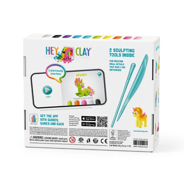 Achterkant van Hey Clay unicorns doos met uitleg over boetseerklei, sculpting tools en app om te kleien voor kinderen.