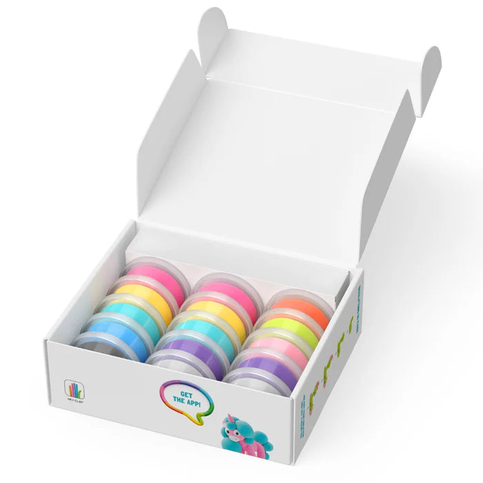 Open doos van Hey Clay unicorns set met 15 potjes kleurrijke boetseerklei, leuk speelgoed en klei-idee voor kinderen.