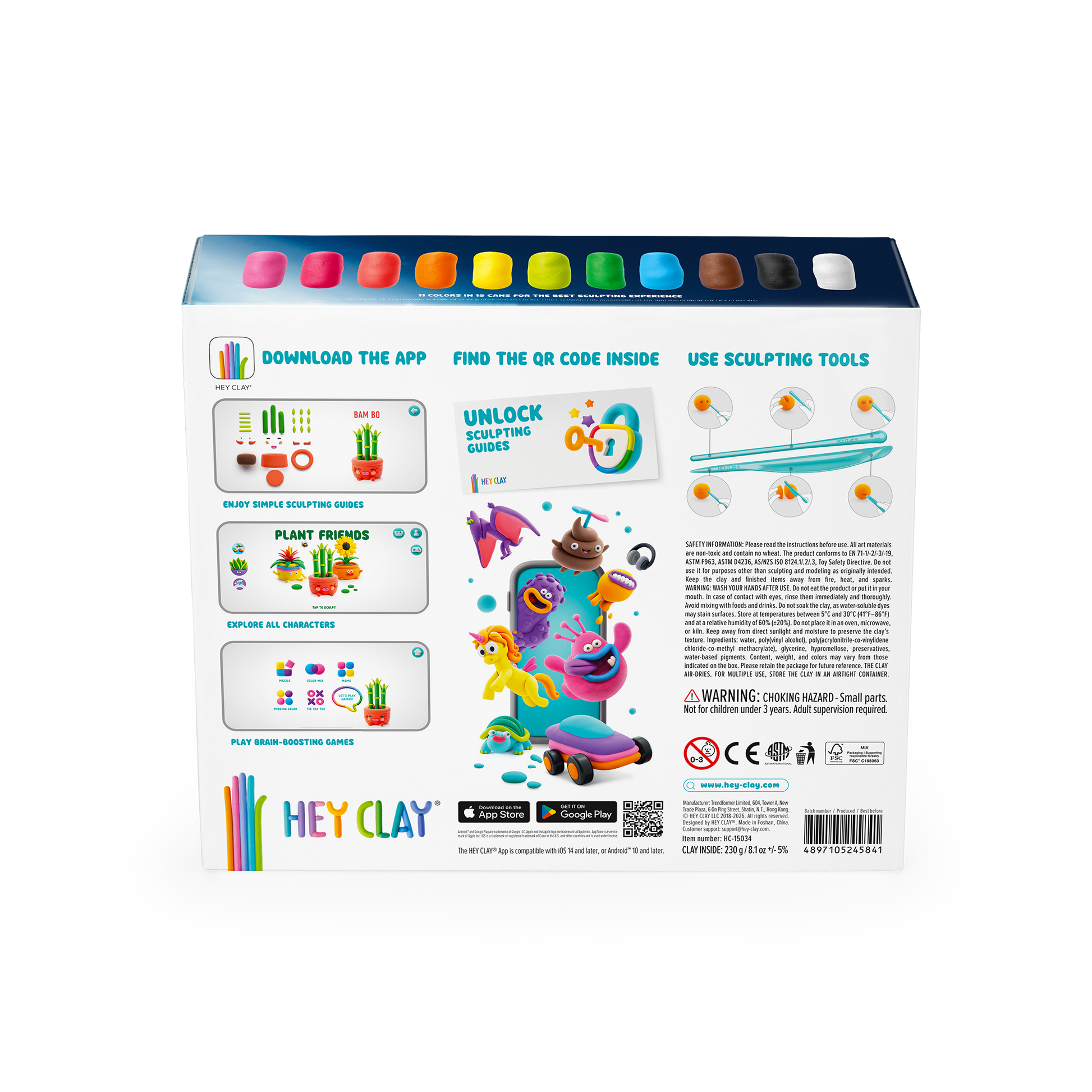 Hey Clay Plant Friends verpakking achterzijde met instructies, QR-code en klei voorbeelden volwassenen