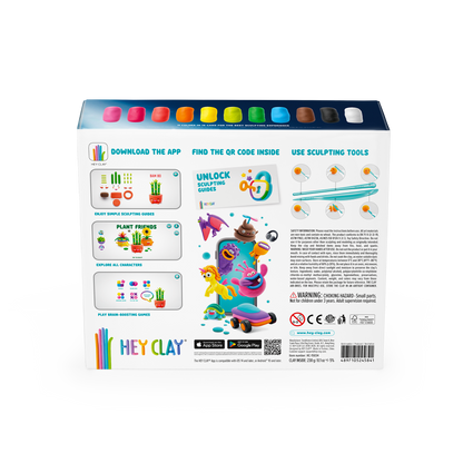 Hey Clay Plant Friends verpakking achterzijde met instructies, QR-code en klei voorbeelden volwassenen
