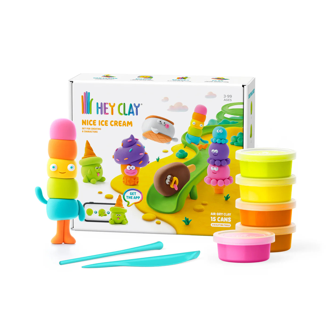 Voorzijde doos en Stapel van 15 potjes boetseerklei van Hey Clay, ideaal om creatief te kleien met de Nice ice cream set