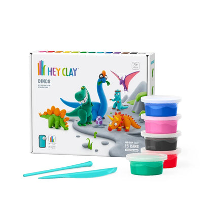 Felgekleurde Hey Clay dinosaurus boetseerklei set met 15 potjes, voorkant doos en tools, leuk om te kleien voor kinderen.