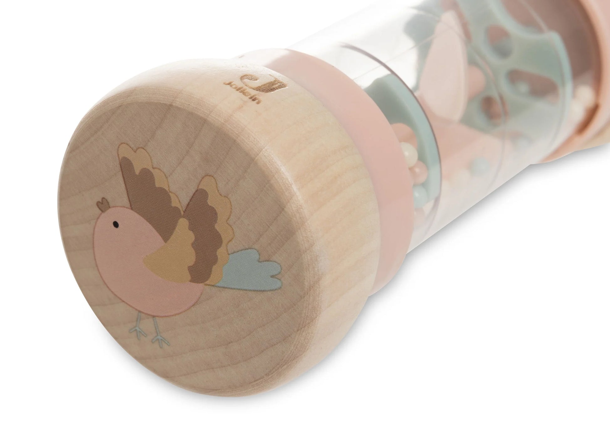 Detail van Jollein houten rammelaar met roze vogelillustratie uit de Lovely Birds serie, speelgoed in hout voor baby’s.