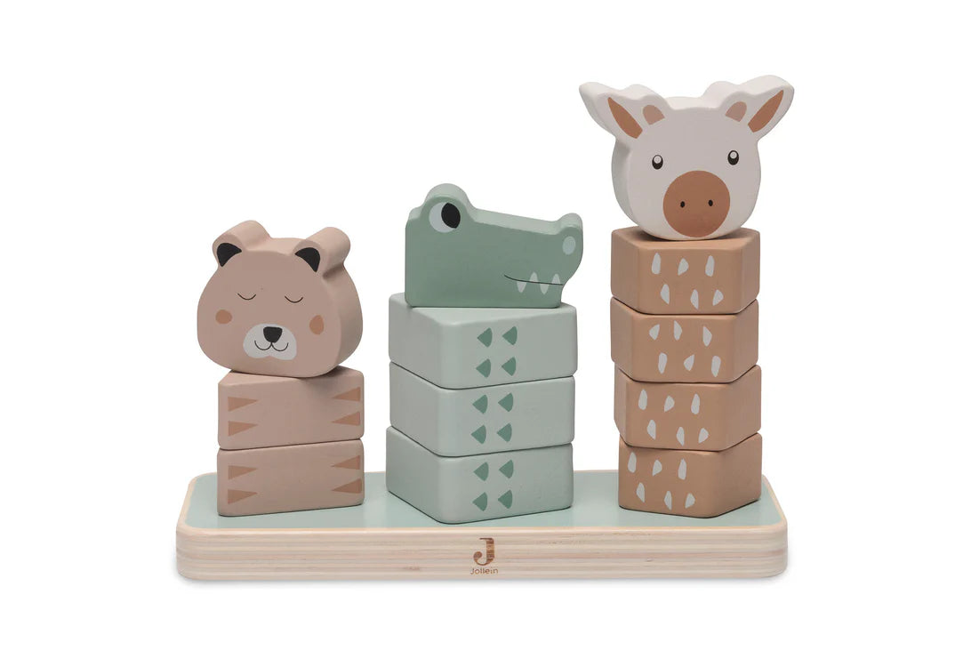 Complete houten stapeltoren van Jollein met drie jungle dieren, ideaal als baby cadeau of peuter speelgoed.