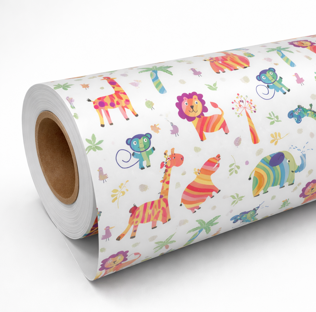Inpakservice met kleurrijk dieren cadeaupapier op rol met giraffe, leeuw en aap voor kinderen