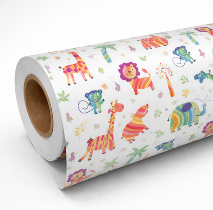 Inpakservice met kleurrijk dieren cadeaupapier op rol met giraffe, leeuw en aap voor kinderen