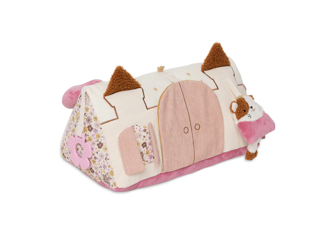 Jollein activiteiten driehoek Flower Fairies met dichte deuren en geborduurde details, perfect als baby cadeau of speelgoed.