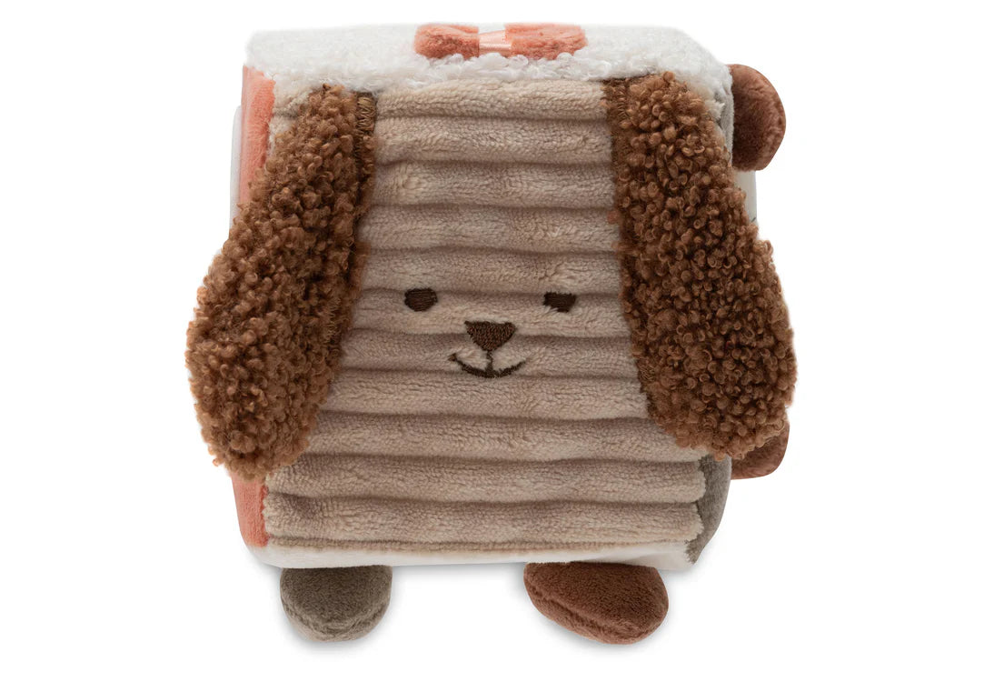 Zijde met ribfluweel textuur en hondengezicht van de Jollein activiteitenkubus, stimuleert tastzin.