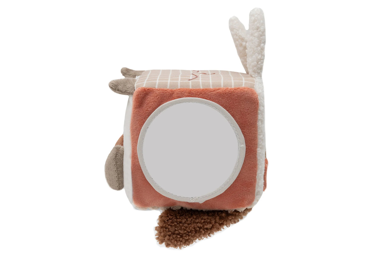 Zijkant van de Jollein activiteitenkubus Animal Friends met veilige babyspeelgoedspiegel voor zelfontdekking