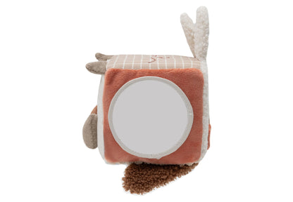 Zijkant van de Jollein activiteitenkubus Animal Friends met veilige babyspeelgoedspiegel voor zelfontdekking