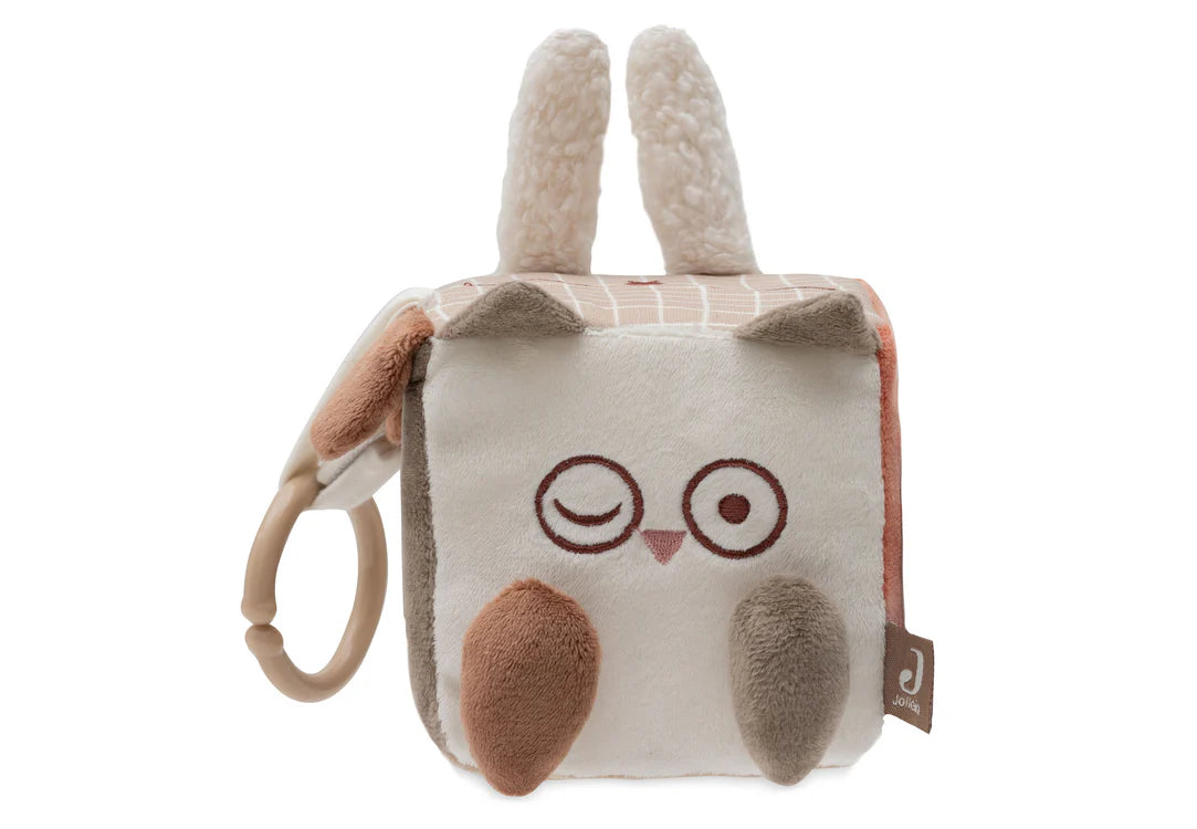 Witte zijde van de Jollein activiteitenkubus Animal Friends met uiltje en pluche oren, leuk baby speelgoed