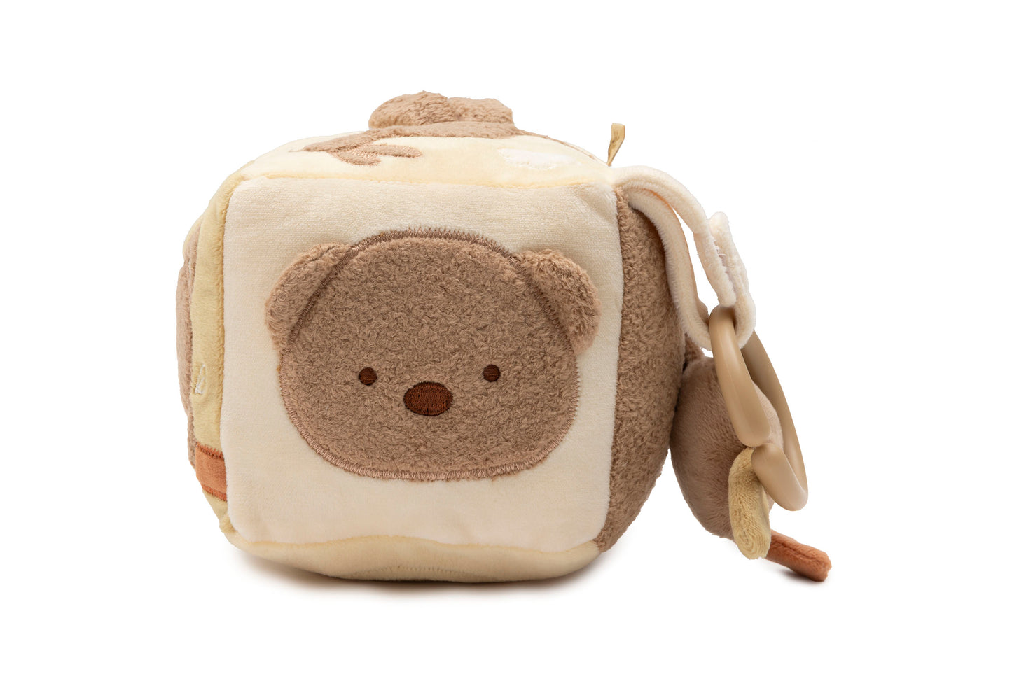 Jollein activiteitenkubus voorkant met beer gezicht en bijtring, zacht baby speelgoed voor motorische ontwikkeling.