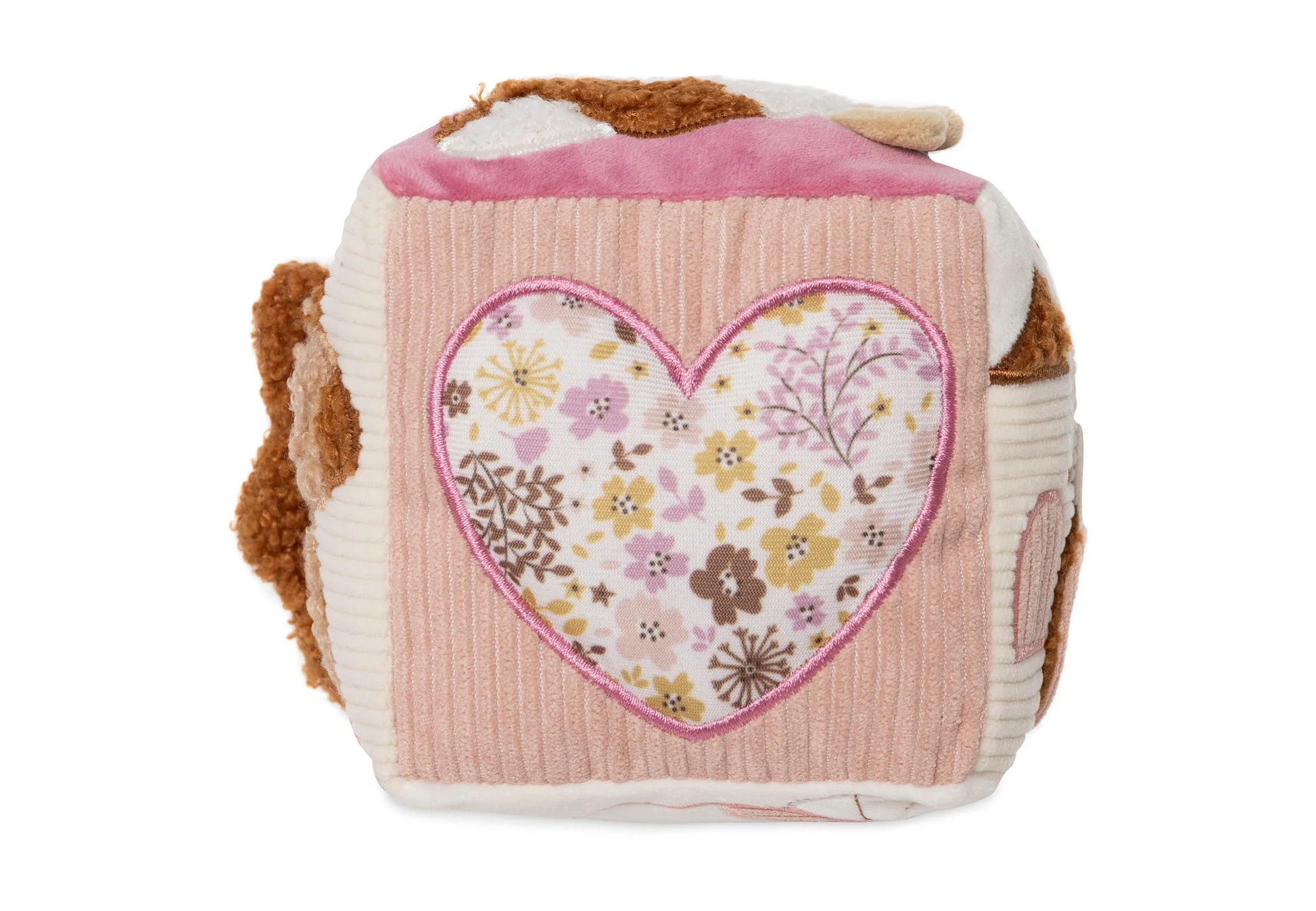 Educatieve Jollein activiteitenkubus met hartje in bloemetjesprint, ideaal sensorisch speelgoed voor baby’s en peuters.