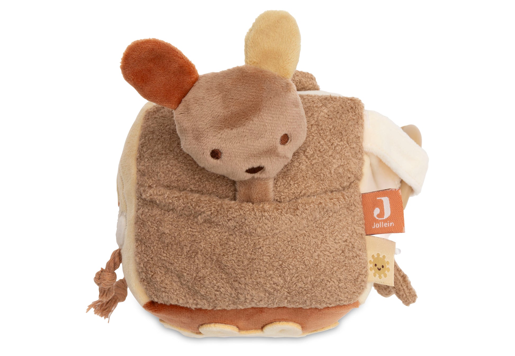 Zijkant Jollein activiteitenkubus met schattige kangoeroe figuur in zakje, ideaal als baby cadeau van Jollein.