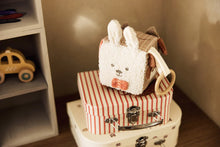 Sfeervolle babykamer met Jollein activiteitenkubus Animal Friends op gestreepte speelgoedkoffer