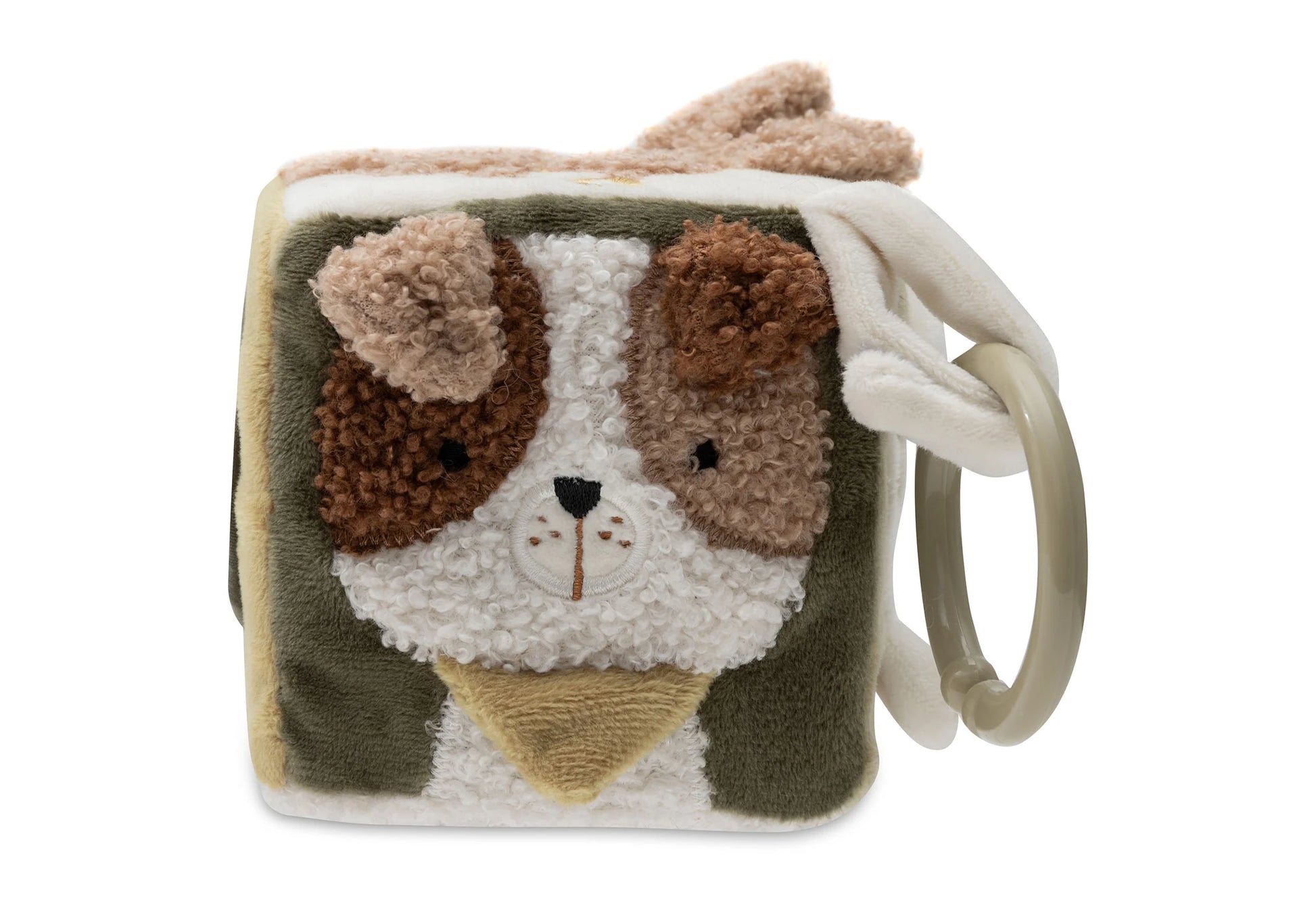 Zachte Jollein activiteitenkubus Tiny Park met hondje van pluche stof, perfect als educatief en sensorisch speelgoed voor baby’s.