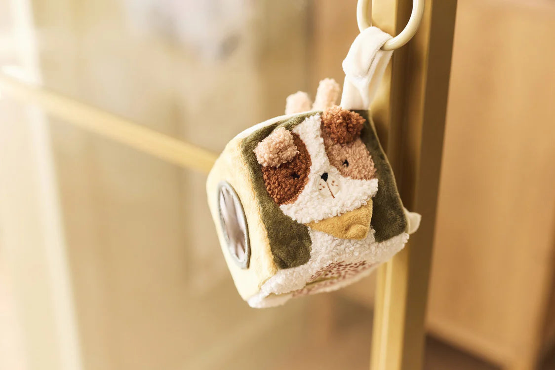 Jollein activiteitenkubus Tiny Park met pluche hondje hangt aan deurklink, ideaal sensorisch speelgoed voor baby’s.