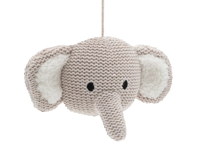 Gebreide olifantenkop van Jollein Baby Mobiel Animals in beige met witte oren, zacht sensorisch speelgoed voor baby’s.