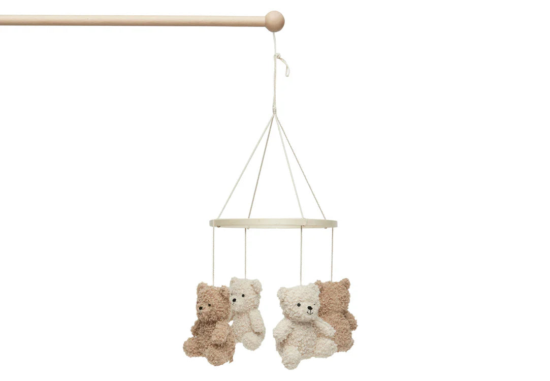 Jollein baby mobiel, ook boxmobiel genoemd, met teddybeer knuffels, houten verlengstuk op een productfoto.