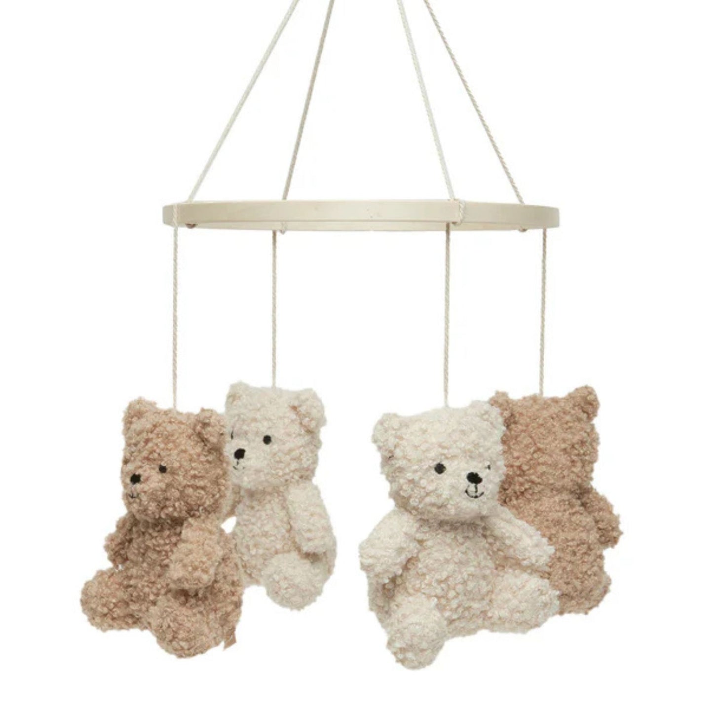 productfoto van een Jollein baby mobiel, ook boxmobiel genoemd, met zachte teddybeer knuffels en houten ring.