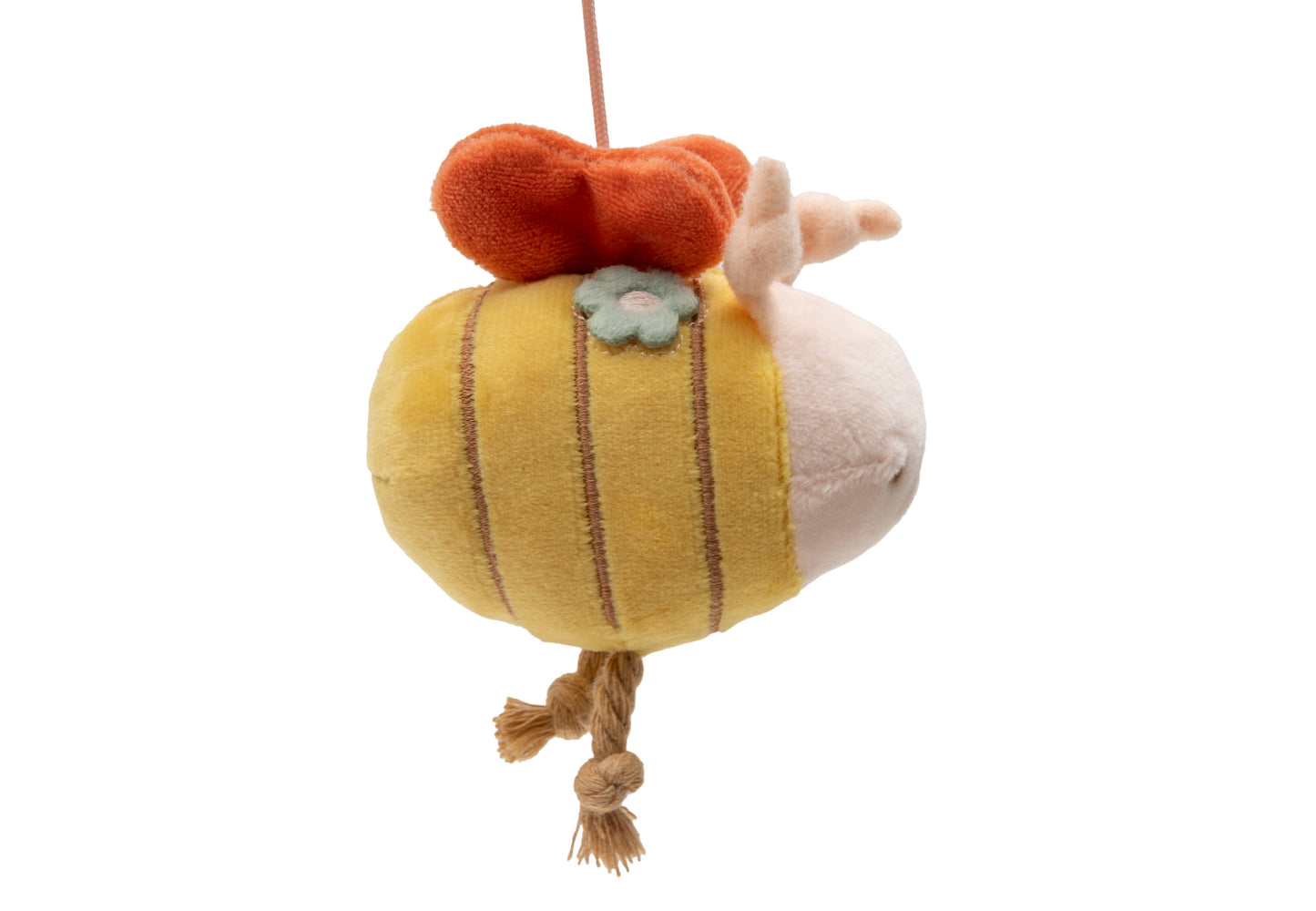 Jollein baby mobiel Pretty Picnic detail: gele pluche bij hanger met oranje bloem en jute staart, baby speelgoed.
