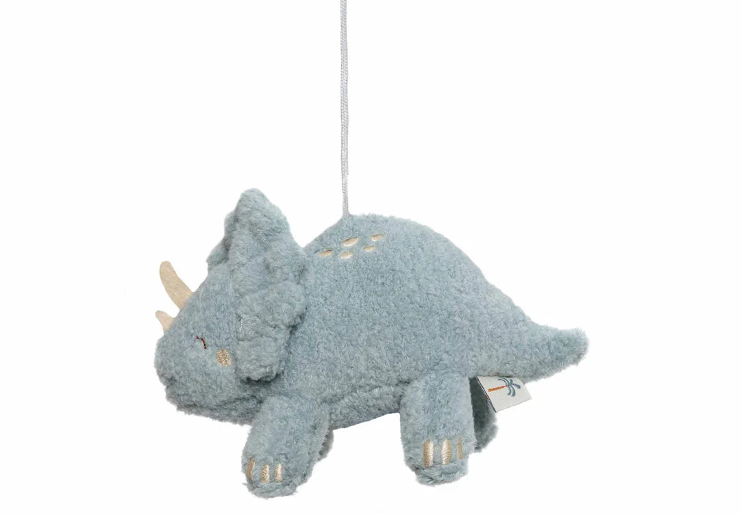 Blauw triceratops knuffelfiguur van Jollein Baby Mobiel Roarsome, zacht sensorisch speelgoed en leuk baby cadeau.
