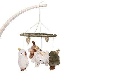 Complete Jollein Baby Mobiel Tiny Park met pluche figuren en groene ring, geschikt als kraamcadeau en sensorisch speelgoed.