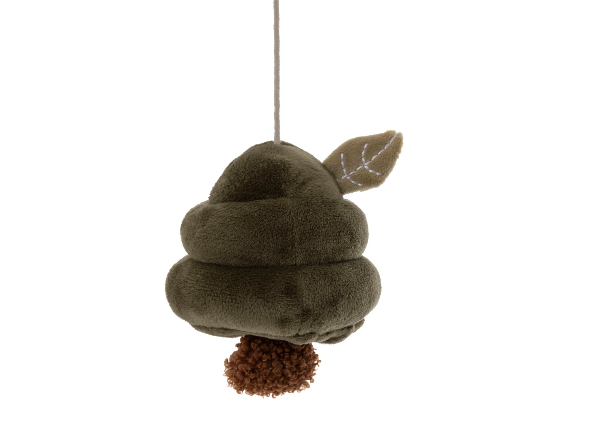 Donkergroene boom van pluche met blaadje, onderdeel van Jollein Baby Mobiel Tiny Park, educatief speelgoed voor baby’s.