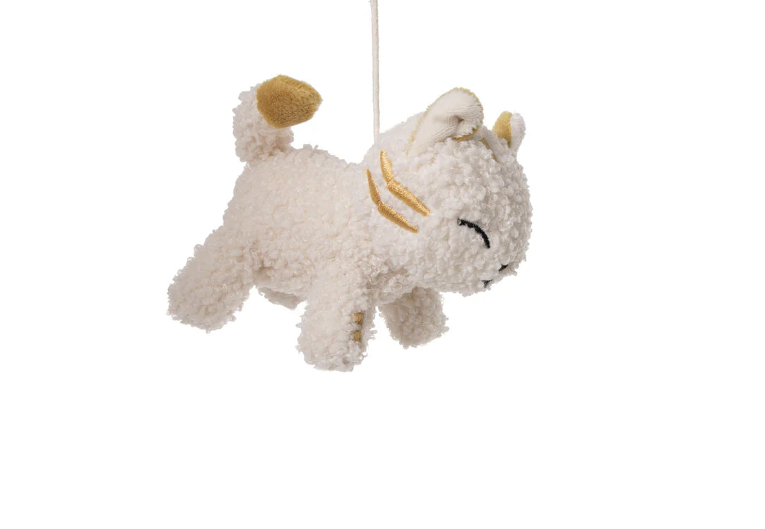 Pluche katje met geborduurde snorharen van Jollein Baby Mobiel Tiny Park, sensorisch speelgoed voor baby’s.