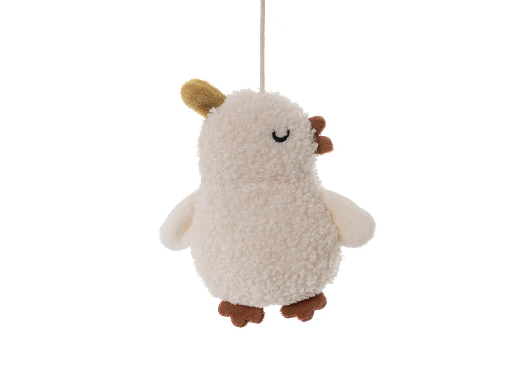 Crèmekleurige kip met bruine accenten van Jollein Baby Mobiel Tiny Park, schattig baby speelgoed voor in de box.