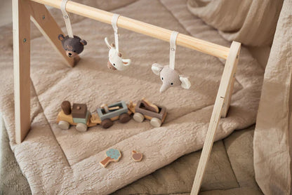 Jollein babygym van hout met gehaakte dierfiguren en houten speelgoed trein op een speelkleed voor baby's met zachte kleuren.