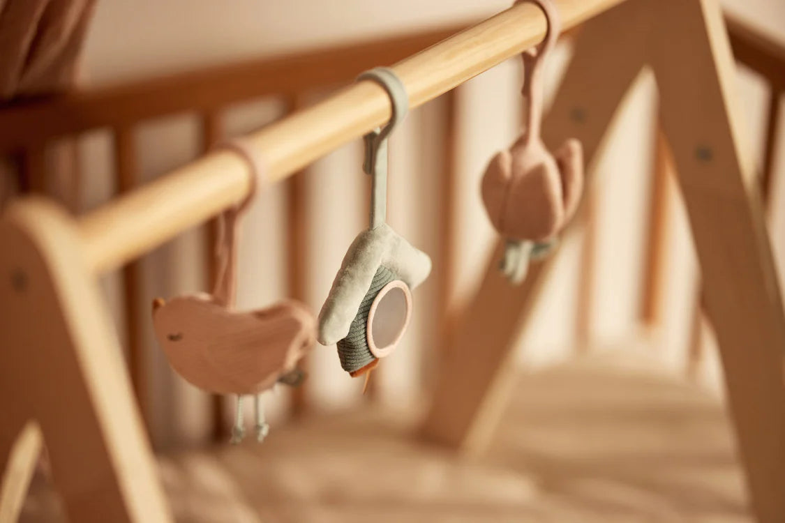 Interieurbeeld met Jollein babygym en Lovely Birds speeltjes in roze en blauw, mooi kraamcadeau voor baby’s.