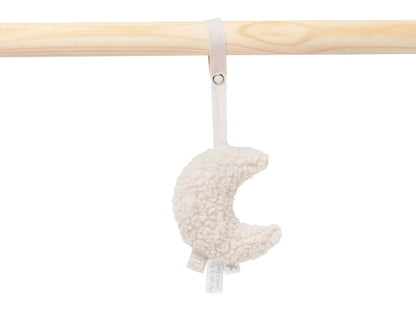 Beige Jollein babygym speeltje in de vorm van een maan van zachte teddy stof, geschikt als knuffel of baby speelgoed.