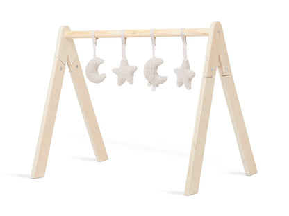 Set van vier beige Jollein babygym moon speeltjes van teddy in sterren- en maantjesvorm, schattig baby speelgoed.