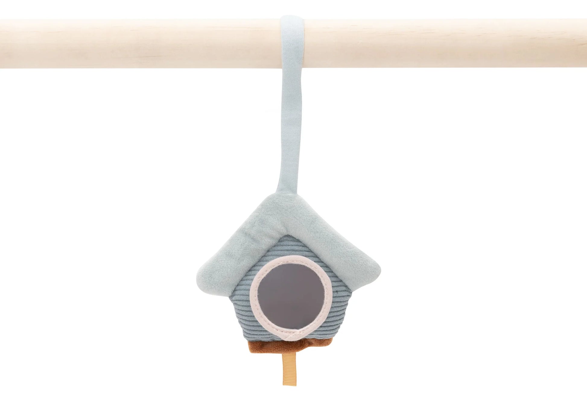 Blauw vogelhuisje met spiegel van Jollein Lovely Birds babygym speeltjes, stimulerend baby speelgoed.