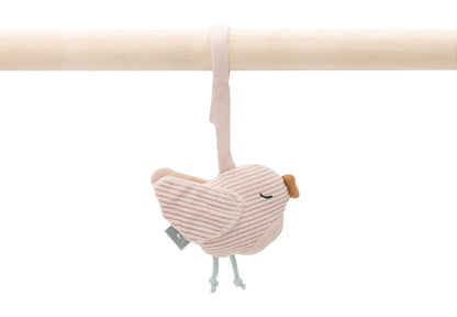 Roze ribstof vogeltje uit Jollein Lovely Birds babygym speeltjes, zachte knuffel en leuk baby cadeau.