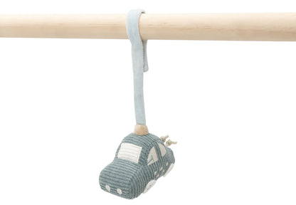 Blauwe ribstof auto uit de Jollein On The Go babygym speeltjes, zacht en veilig baby speelgoed of cadeau.