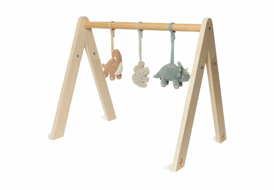 Set van drie Jollein Roarsome babygym speeltjes met dinosaurus en blad, knuffels en baby speelgoed.