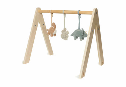 Set van drie Jollein Roarsome babygym speeltjes met dinosaurus en blad, knuffels en baby speelgoed.