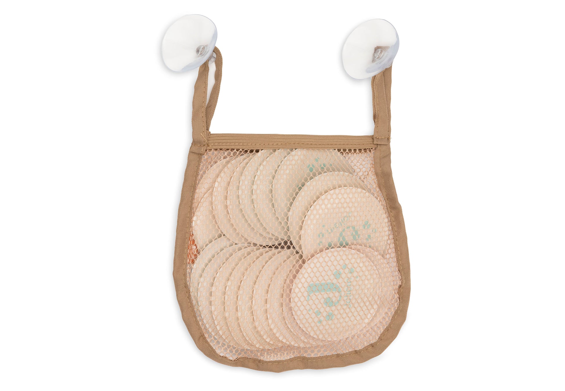 Jollein badmemory in beige nettas met zuignappen, achterkant detail foto van opbergsysteem