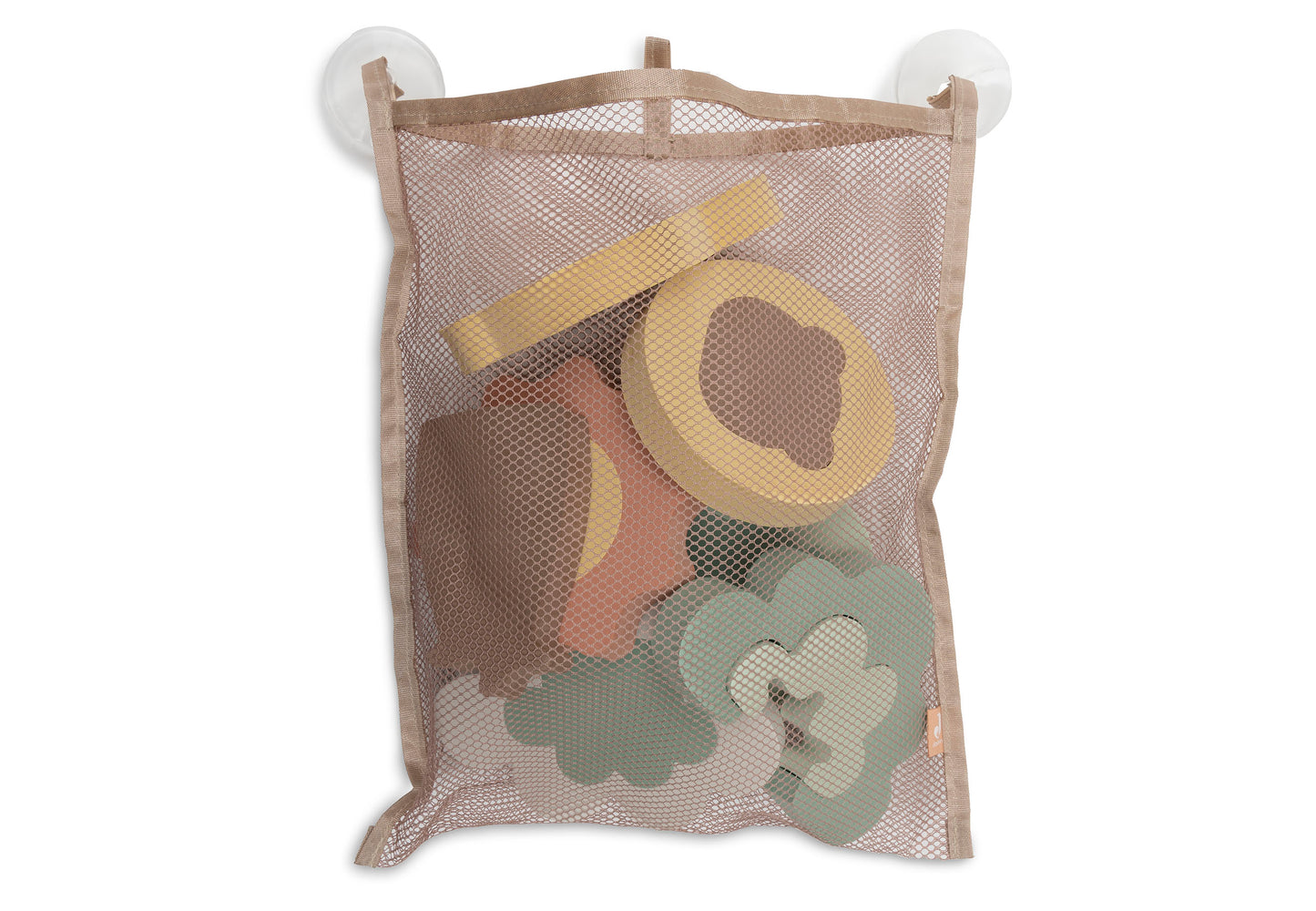 Jollein badpuzzel Foam Kangaroots in beige mesh opbergzak met zuignappen, badspeelgoed opbergen
