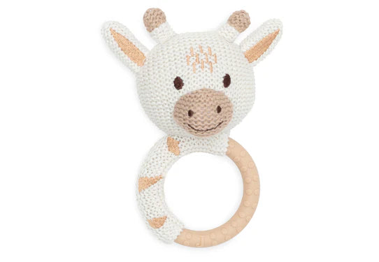 Jollein bijtring in de vorm van een giraffe met een siliconen ring in de kleuren beige en wit, perfect voor baby’s tandjes.