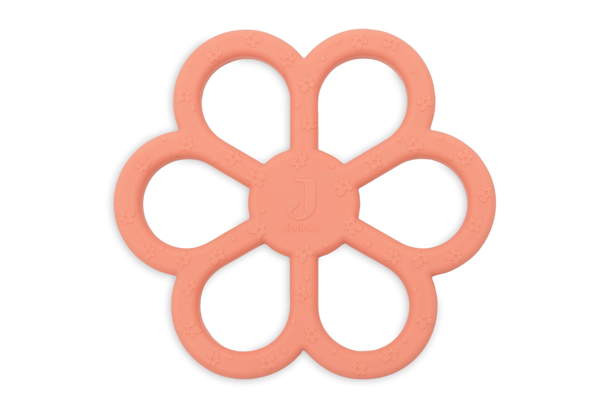 Jollein bijtring siliconen flower coral rose met bloemmotief, bovenaanzicht baby speelgoed