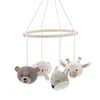 Complete Jollein Boxmobiel Animals met houten arm en vier gebreide dieren, ideaal als kraamcadeau of baby speelgoed.