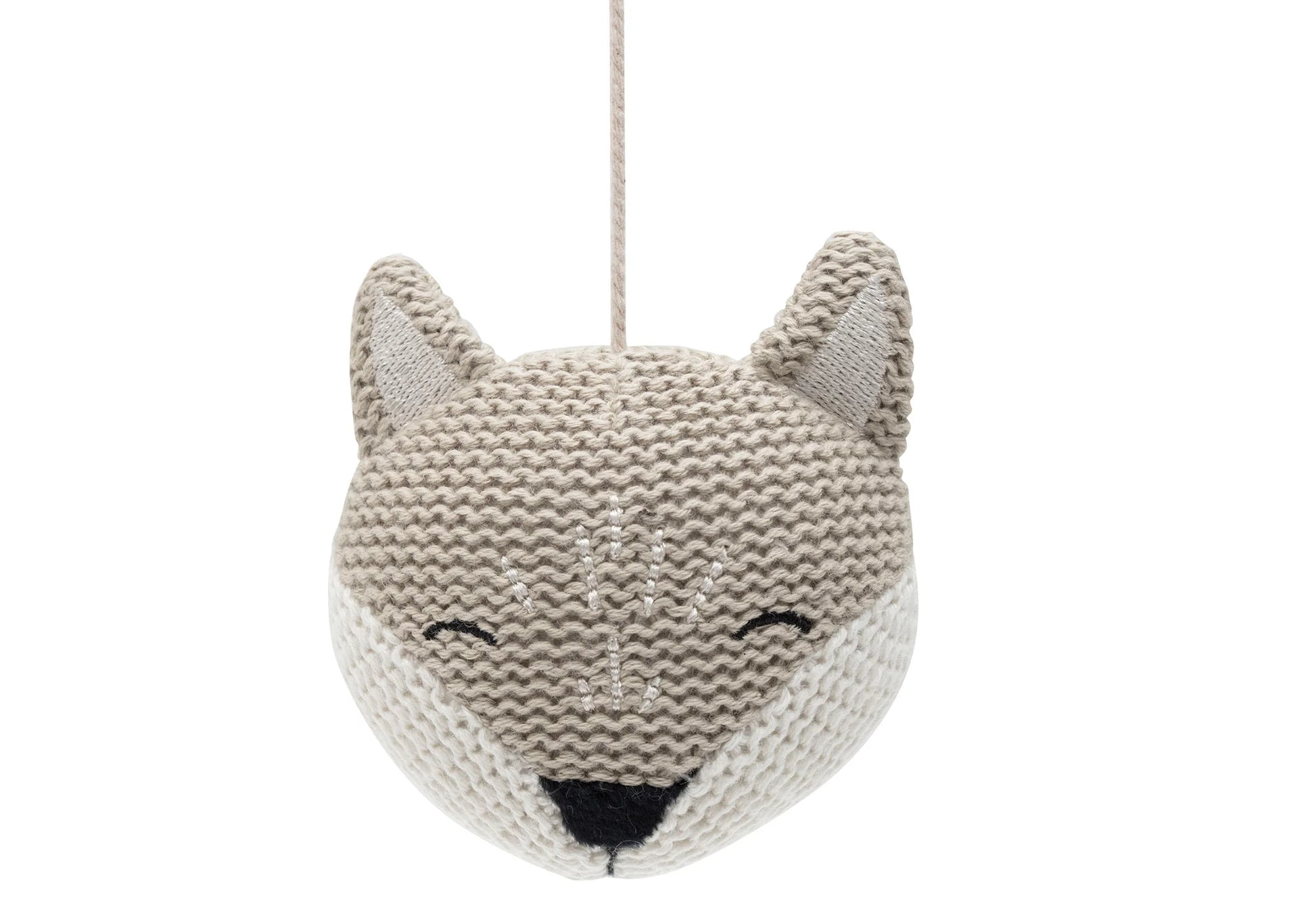 Zachte gebreide vos van Jollein boxmobiel Animals in neutrale kleuren, perfect voor sensorisch spel in de box of wieg.