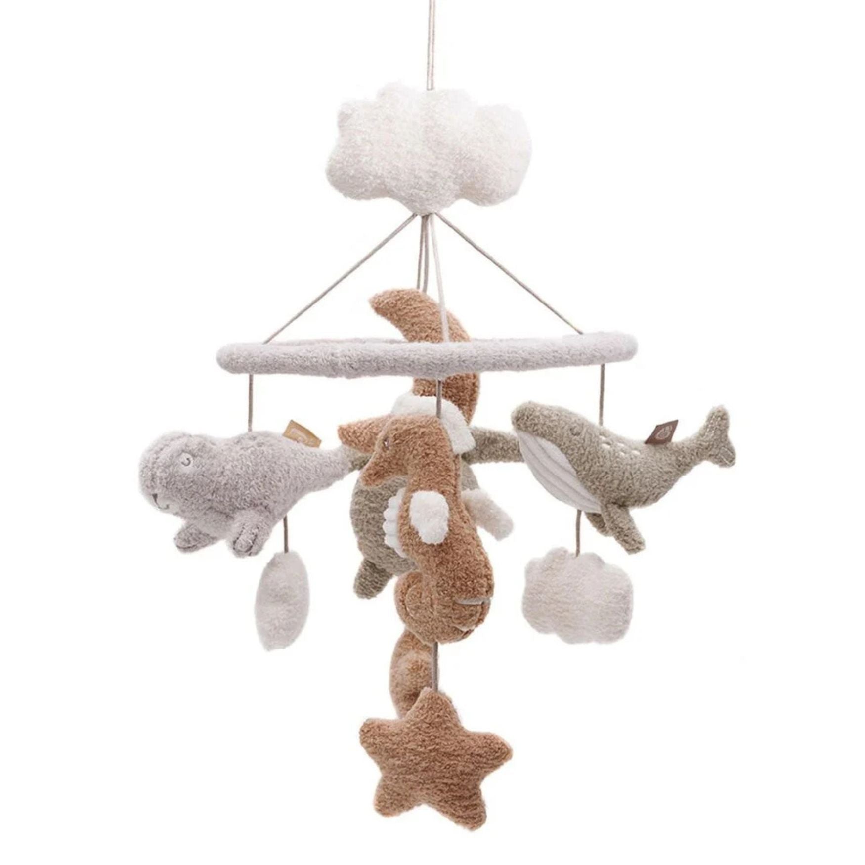 Volledige Jollein Boxmobiel Deepsea aan houten arm, met zeedieren als baby speelgoed voor boven de wieg.