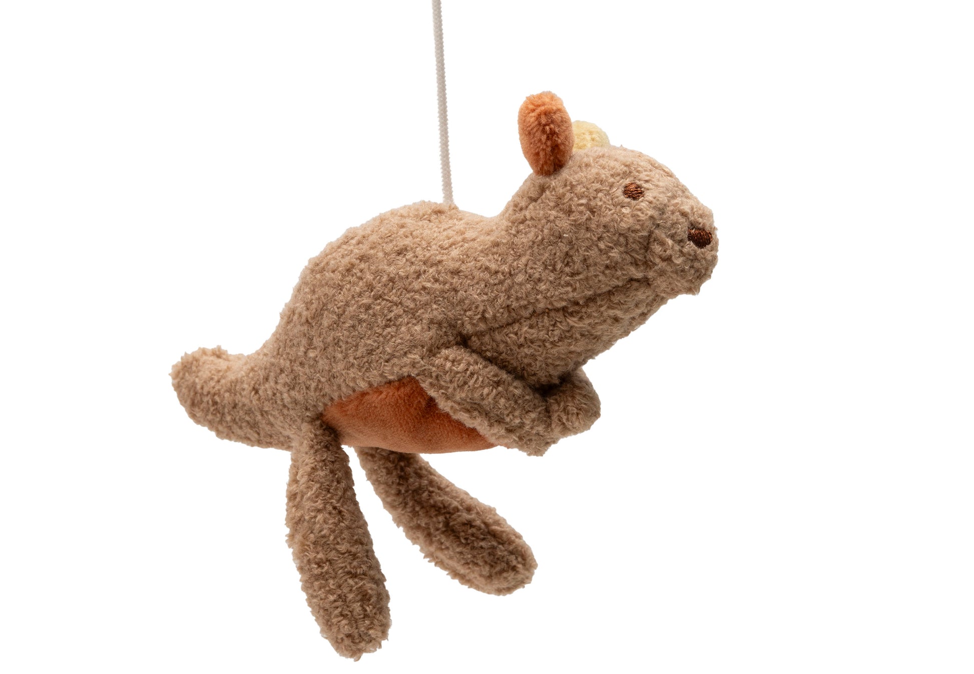 Jollein boxmobiel Roarsome detail: pluche konijn hanger in bouclé stof, kraamcadeau voor pasgeboren baby's.