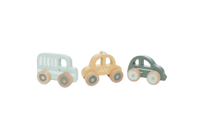 Complete houten auto set van Jollein met bus, taxi en auto, duurzaam speelgoed in hout en perfect als babycadeau.